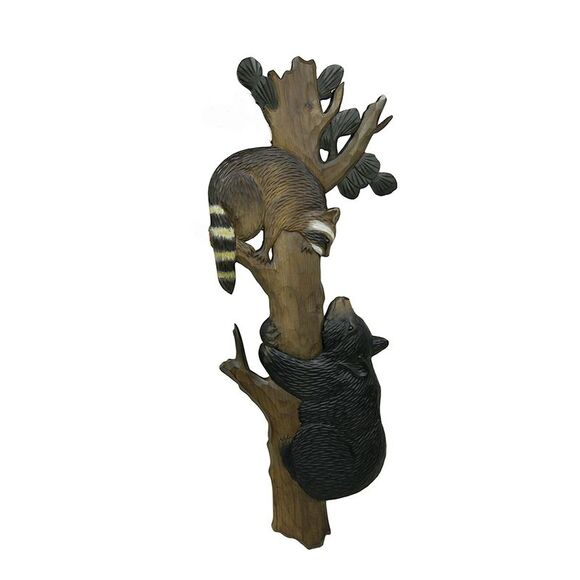Bear and Raccoon in a Tree Hand Crafted Carved Wood Art Wall Hanging